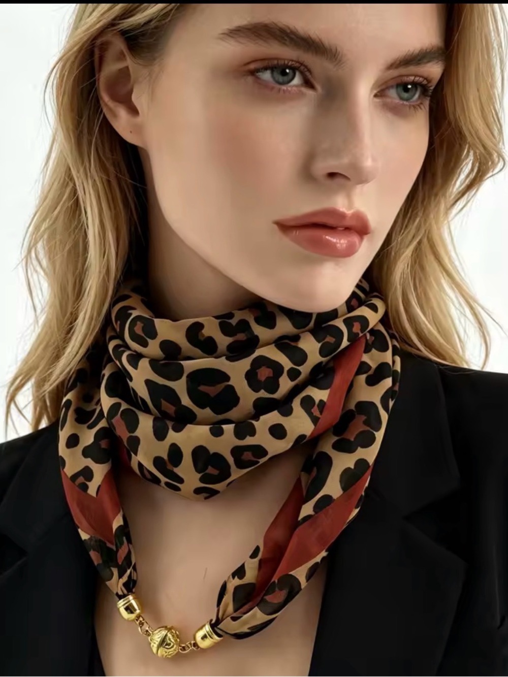 Leopard Print Satin Neck Scarf with Gold Bead Accent - Brown
